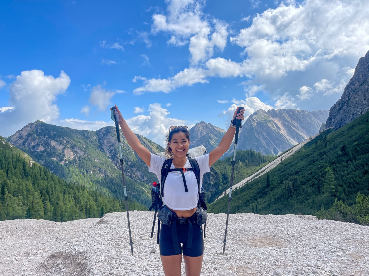 Shirley celebrating mid-hike in the Alps